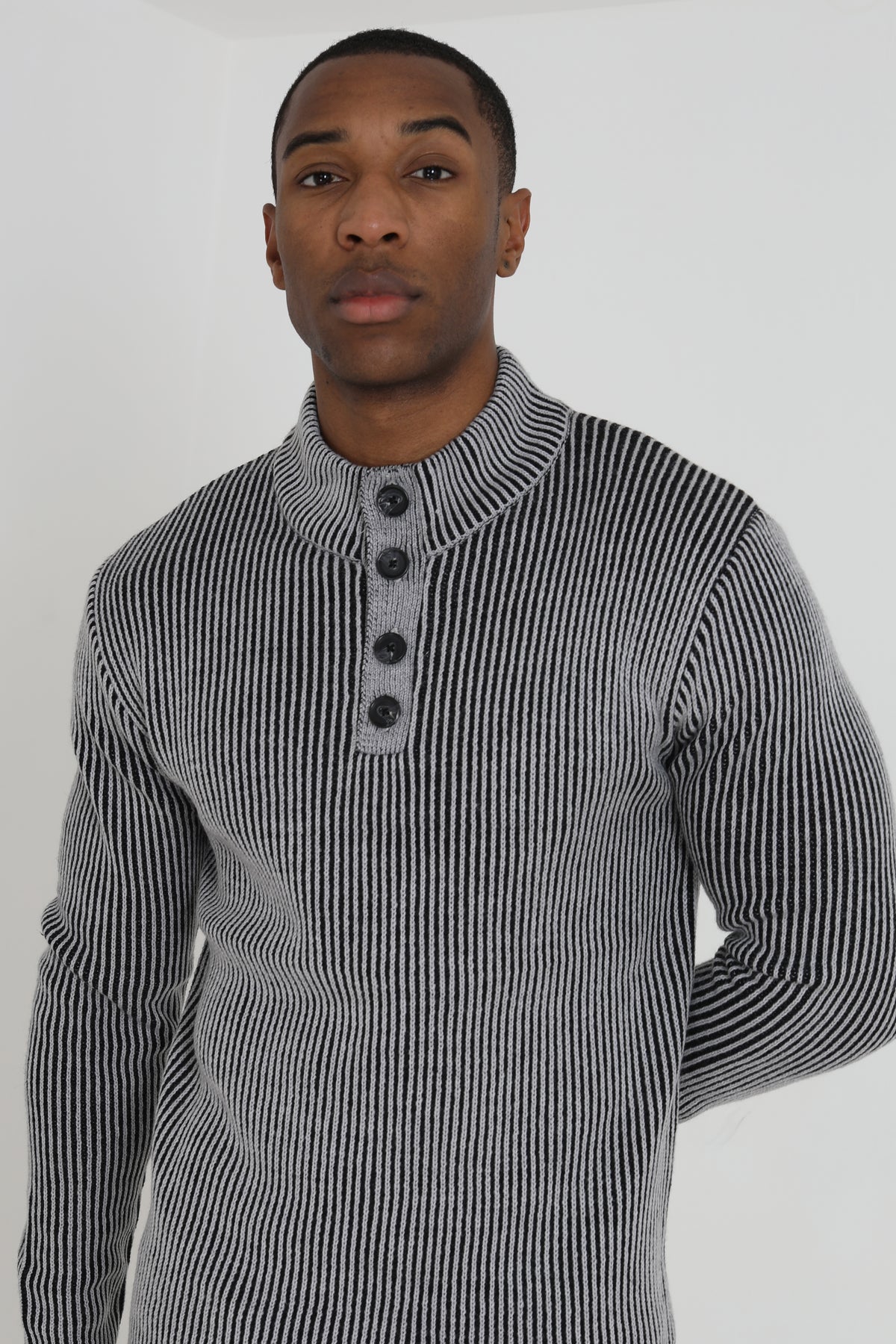 Brave Soul Light Grey Button Funnel Neck Knitted Jumper - Light Grey Image 3