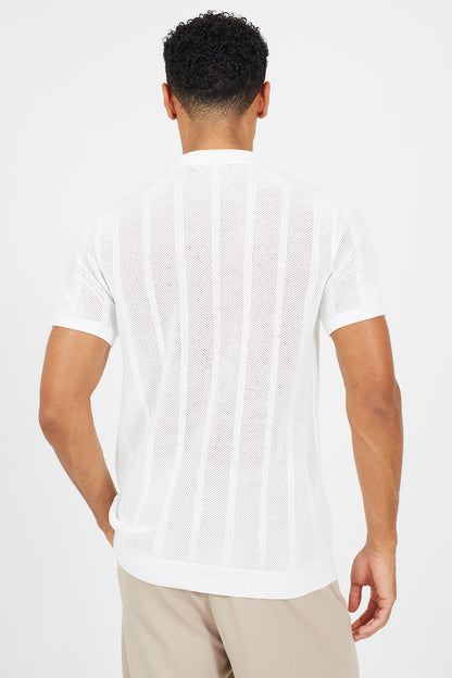 Brave Soul Ecru Knitted Stripe Short Sleeve Polo Shirt - Ecru Image 2