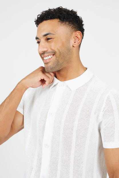 Brave Soul Ecru Knitted Stripe Short Sleeve Polo Shirt - Ecru Image 4