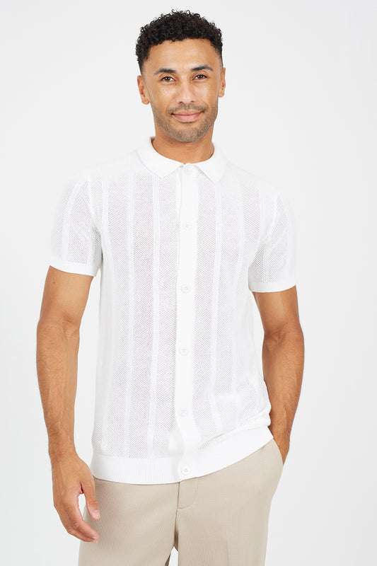 Brave Soul Ecru Knitted Stripe Short Sleeve Polo Shirt - Ecru Image 1