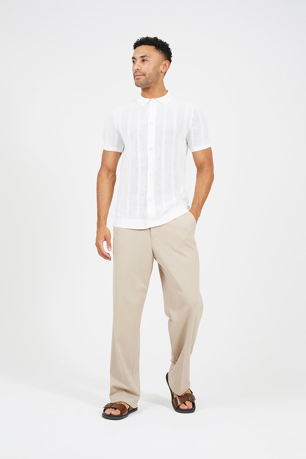 Brave Soul Ecru Knitted Stripe Short Sleeve Polo Shirt - Ecru Image 3