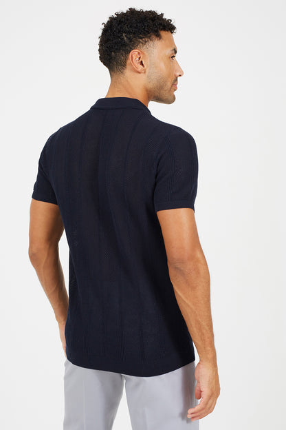 Brave Soul Dark Navy Knitted Stripe Short Sleeve Polo Shirt - Dark Navy Image 2