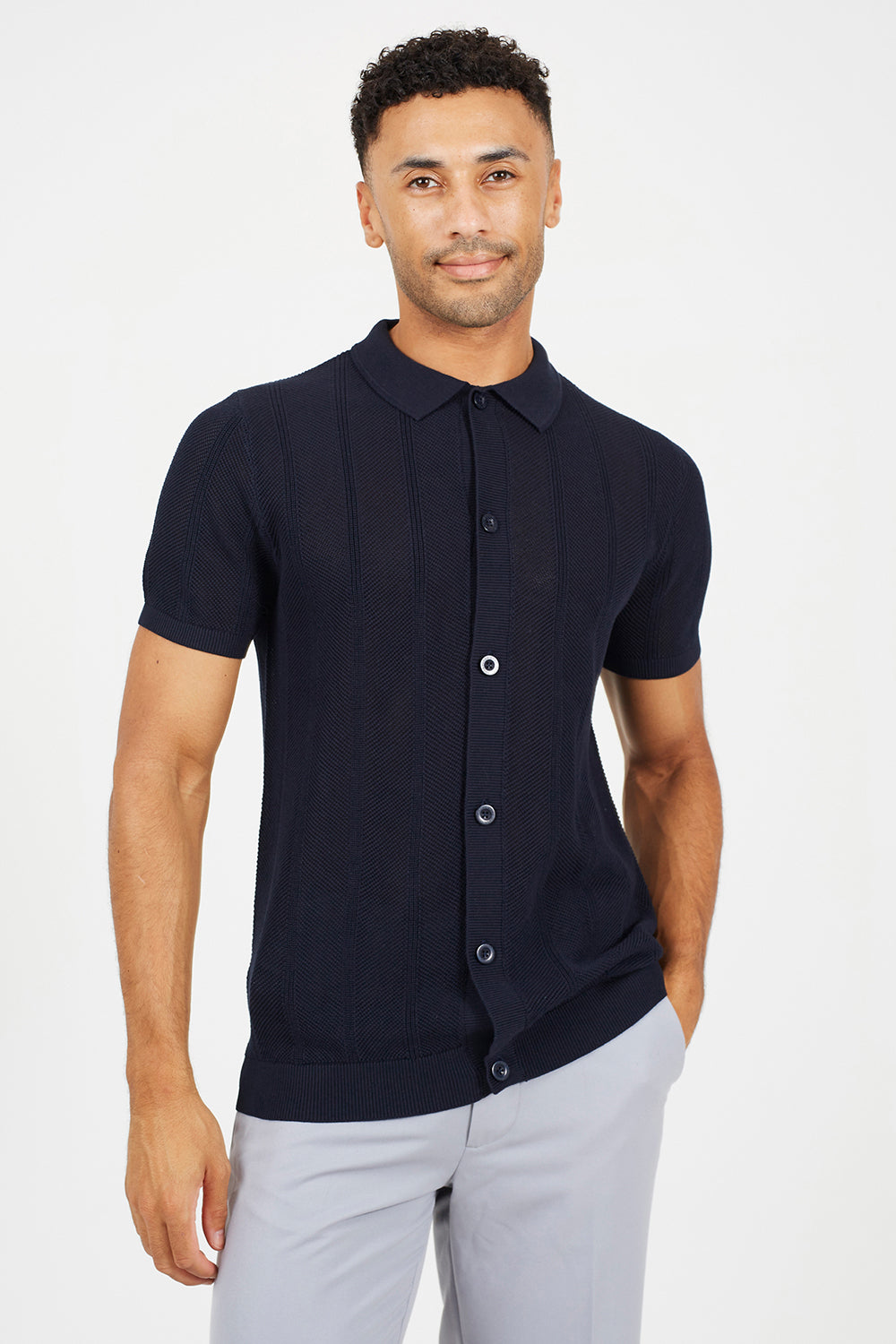 Brave Soul Dark Navy Knitted Stripe Short Sleeve Polo Shirt - Dark Navy Image 1