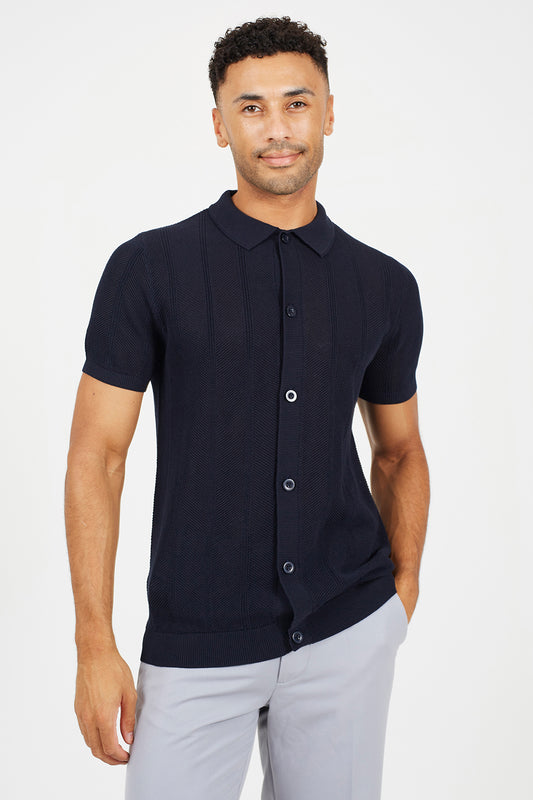 Brave Soul Dark Navy Knitted Stripe Short Sleeve Polo Shirt - Dark Navy Image 1