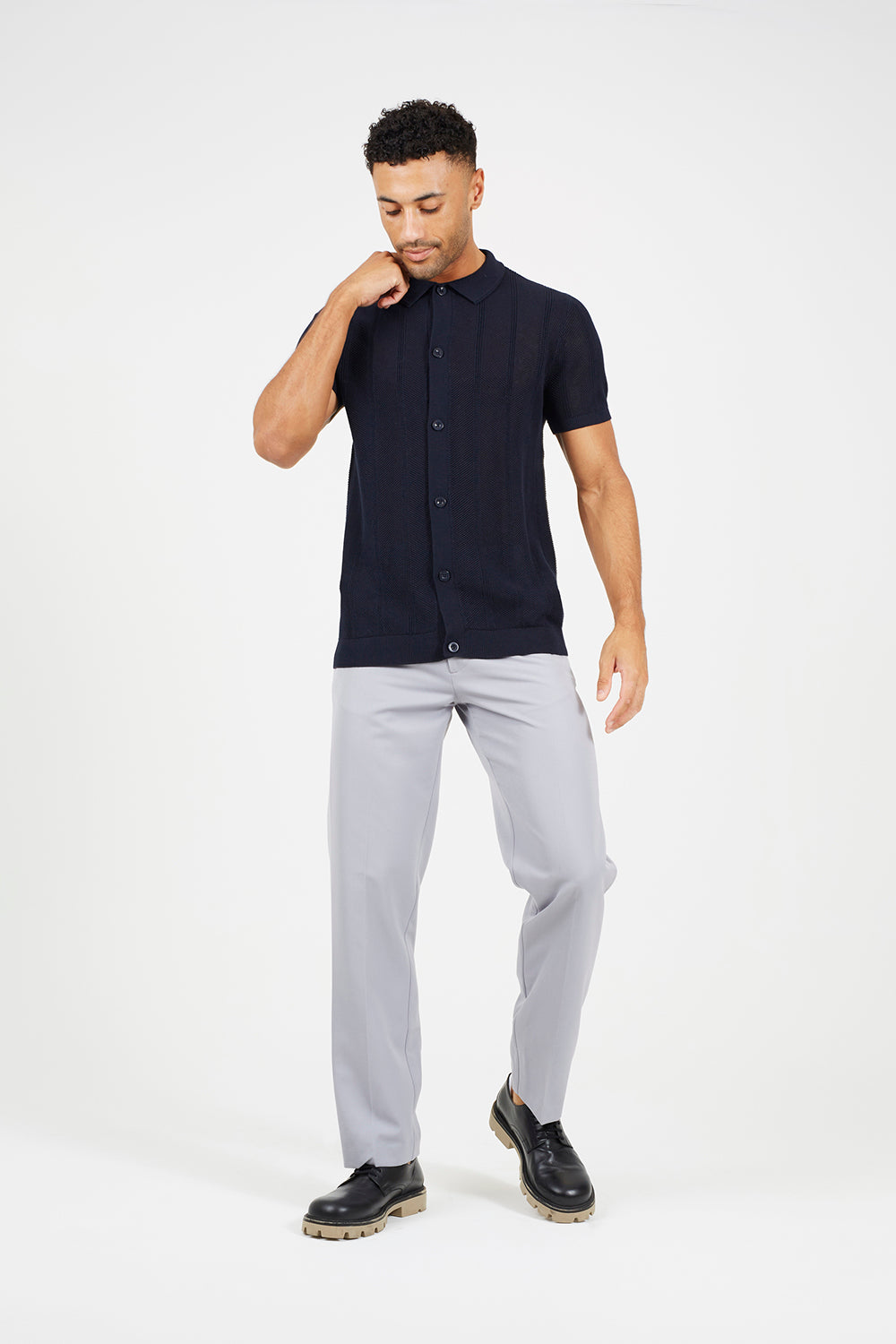 Brave Soul Dark Navy Knitted Stripe Short Sleeve Polo Shirt - Dark Navy Image 3