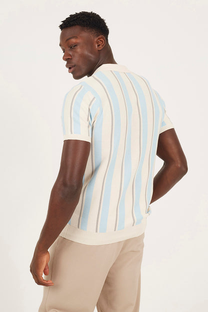 Brave Soul Cream Striped Trophy Neck Knitted Polo Shirt - Cream Image 2