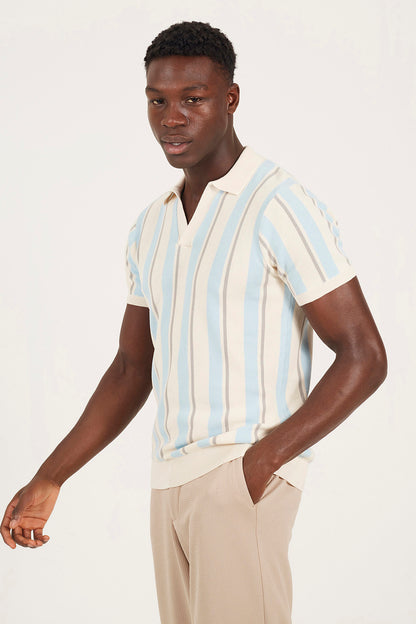 Brave Soul Cream Striped Trophy Neck Knitted Polo Shirt - Cream Image 1
