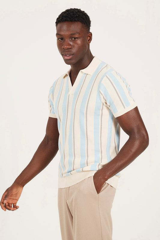 Brave Soul Cream Striped Trophy Neck Knitted Polo Shirt - Cream Image 1