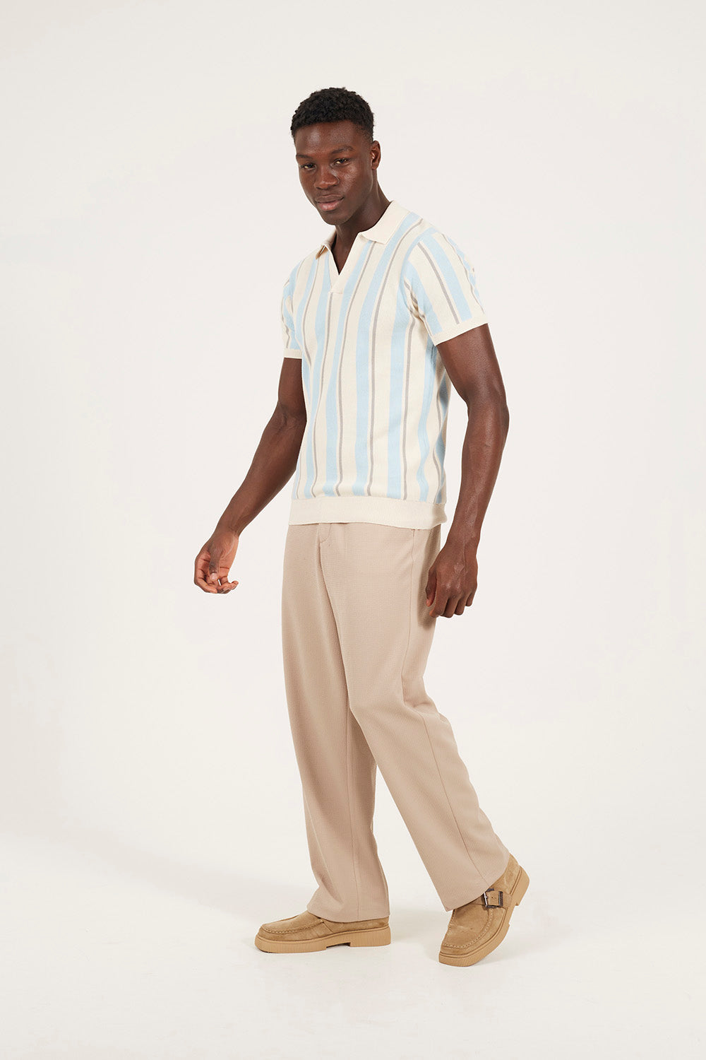 Brave Soul Cream Striped Trophy Neck Knitted Polo Shirt - Cream Image 3