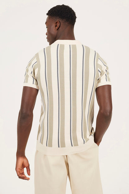 Brave Soul Green Striped Trophy Neck Knitted Polo Shirt - Green Image 2