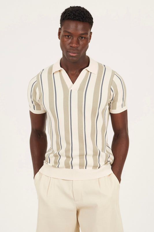 Brave Soul Green Striped Trophy Neck Knitted Polo Shirt - Green Image 1