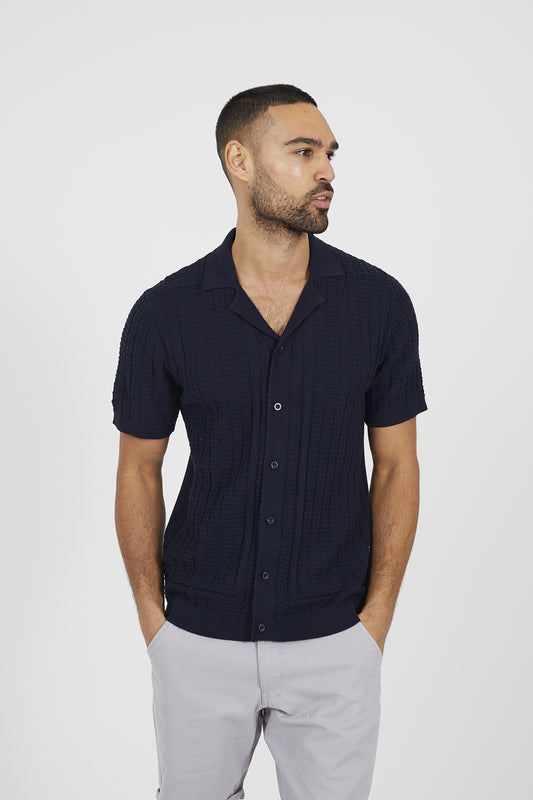 Brave Soul Navy Knitted Short Sleeve Shirt - Navy Image 1