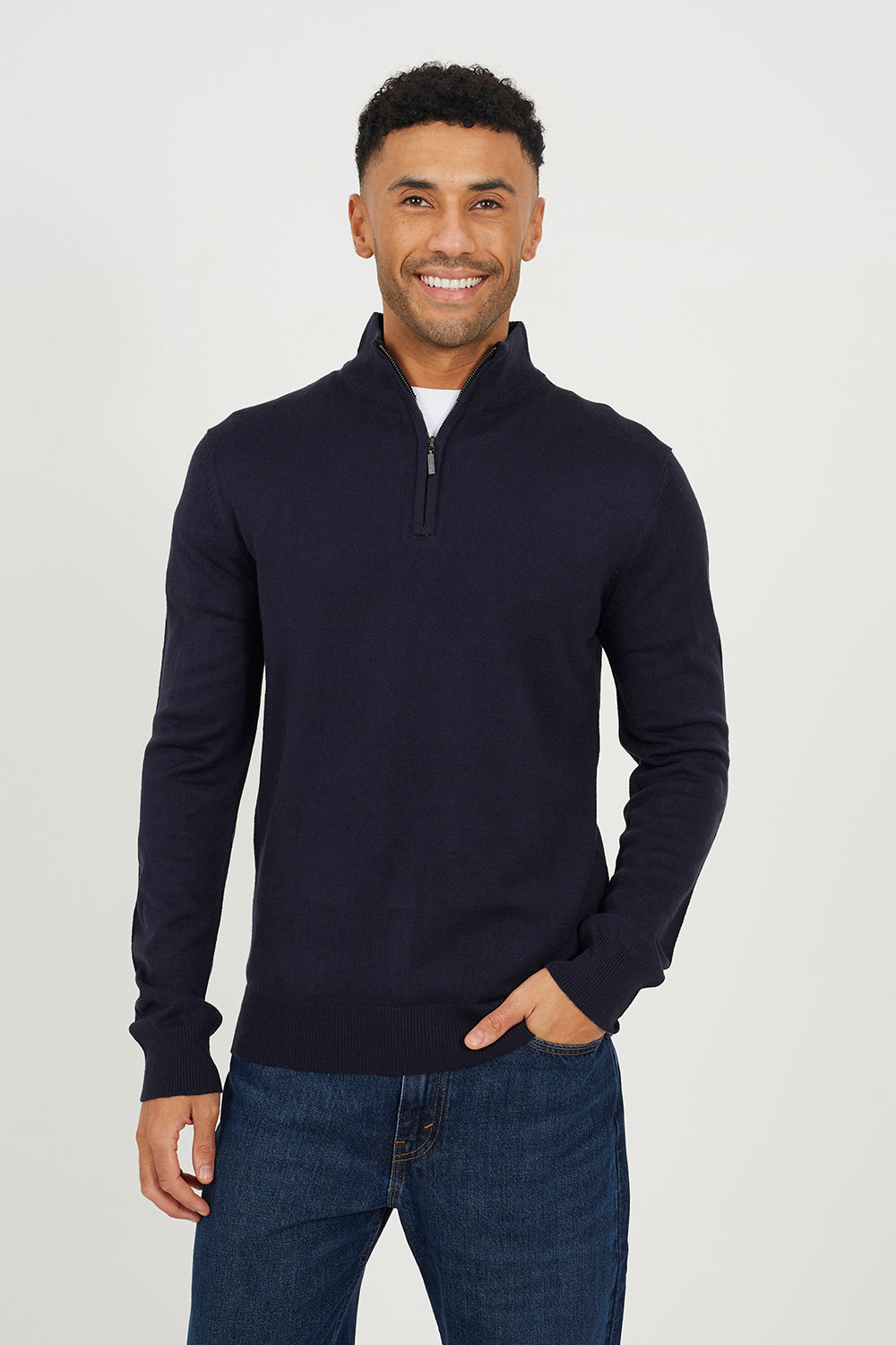 Brave Soul Navy Concealed Zip Funnel Neck Jumper - Navy Image 1