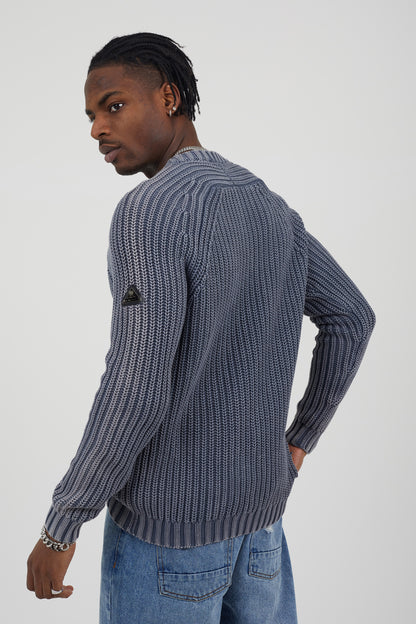 Brave Soul Mid Blue Cotton Crew Neck Acid Wash Rib Knit Jumper - Mid Blue Image 2