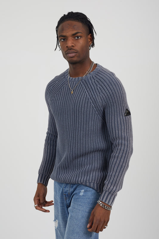 Brave Soul Mid Blue Cotton Crew Neck Acid Wash Rib Knit Jumper - Mid Blue Image 1