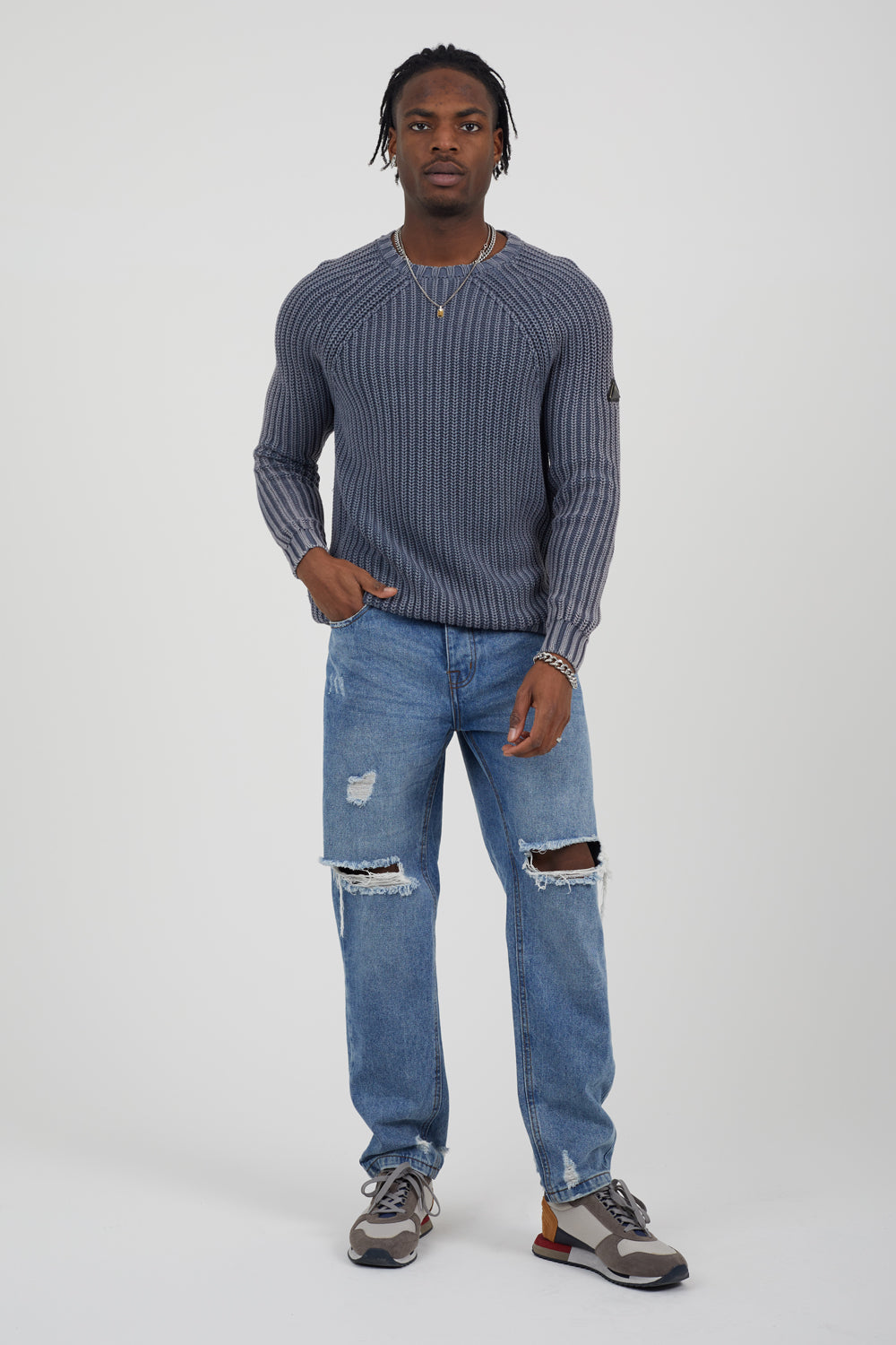 Brave Soul Mid Blue Cotton Crew Neck Acid Wash Rib Knit Jumper - Mid Blue Image 3