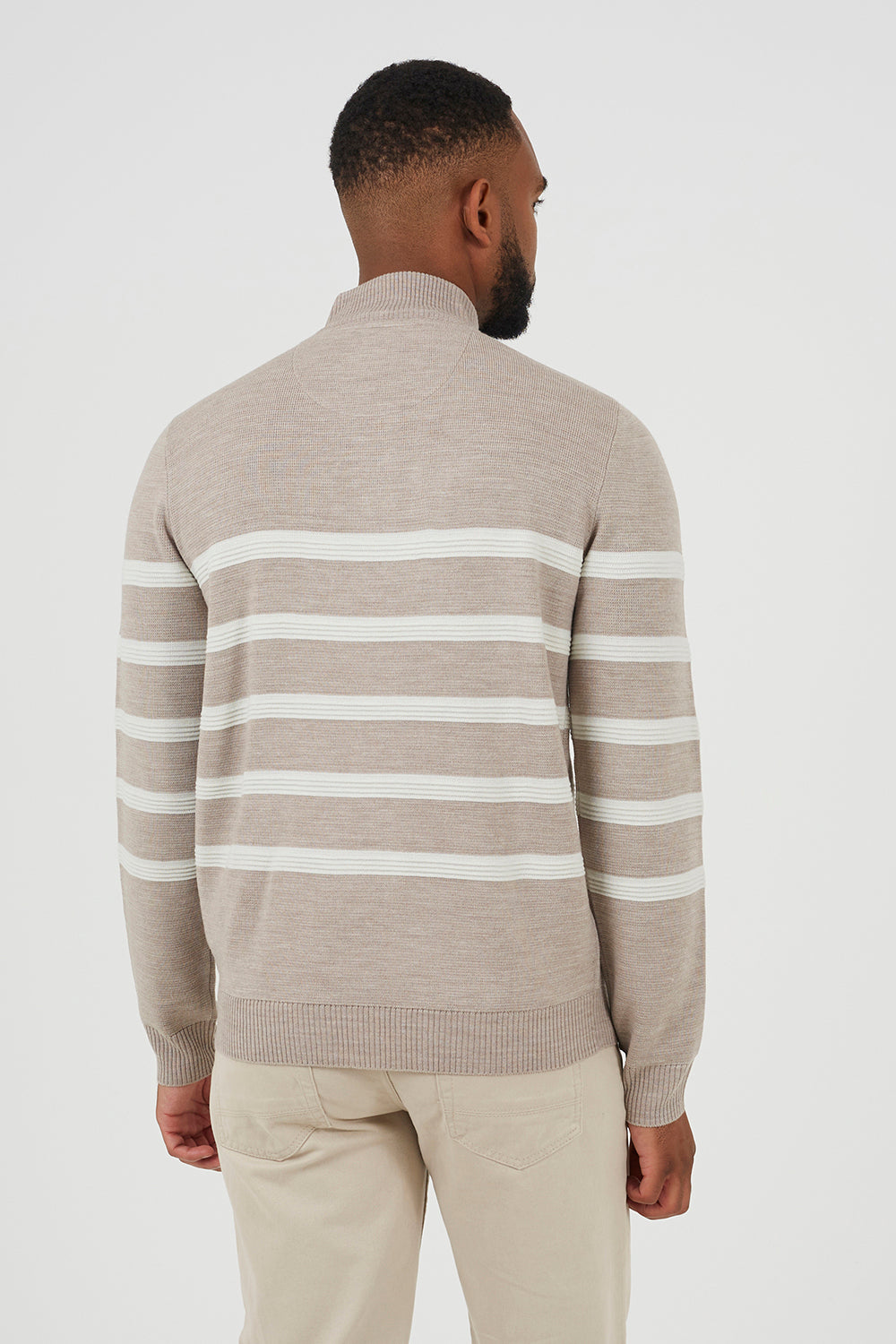 Brave Soul Taupe Quarter Zip Stripe Knitted Jumper - Taupe Image 2