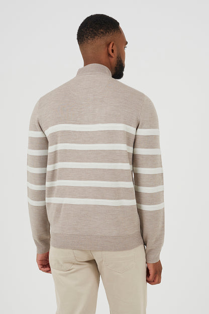 Brave Soul Taupe Quarter Zip Stripe Knitted Jumper - Taupe Image 2