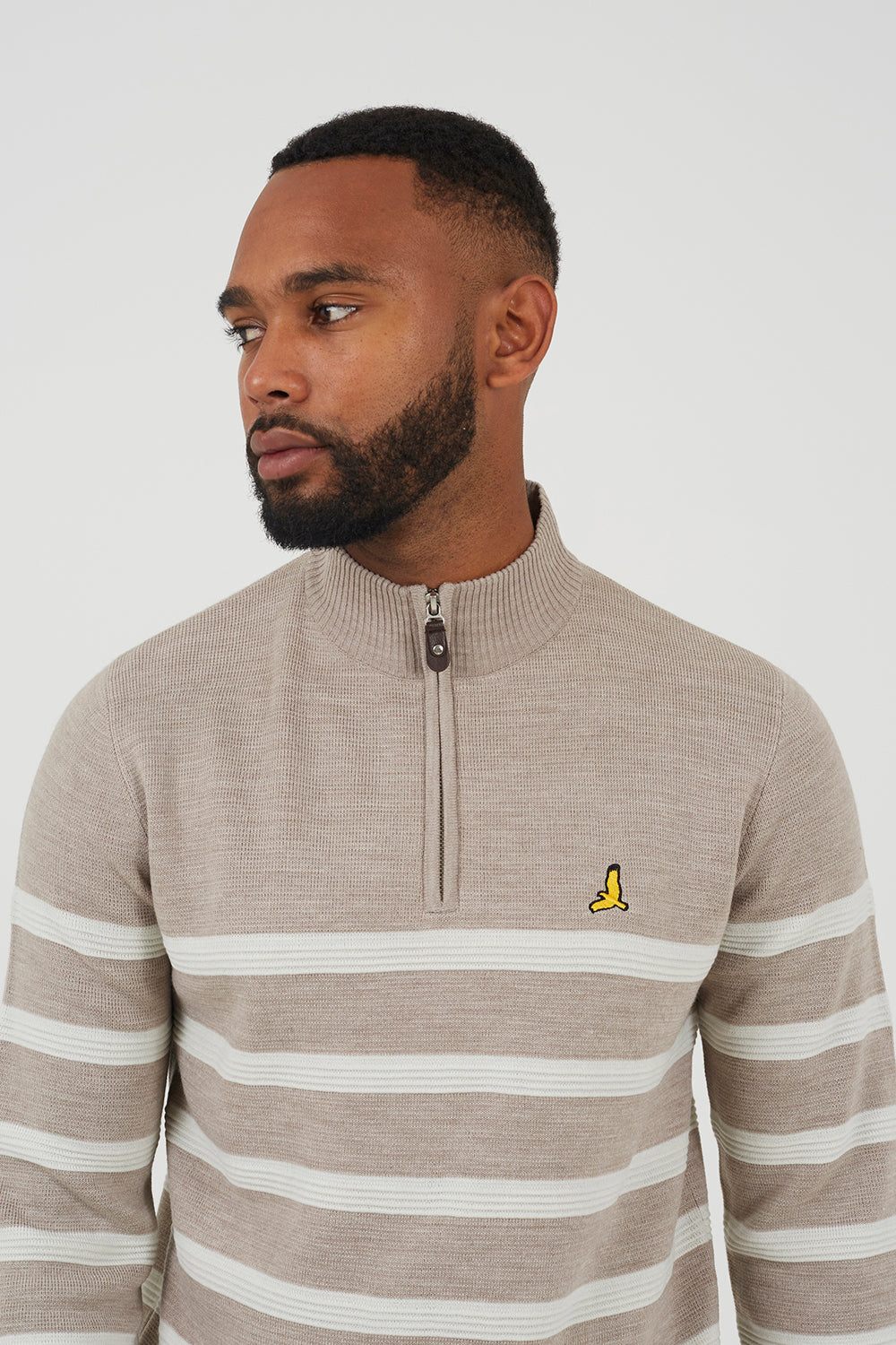 Brave Soul Taupe Quarter Zip Stripe Knitted Jumper - Taupe Image 4
