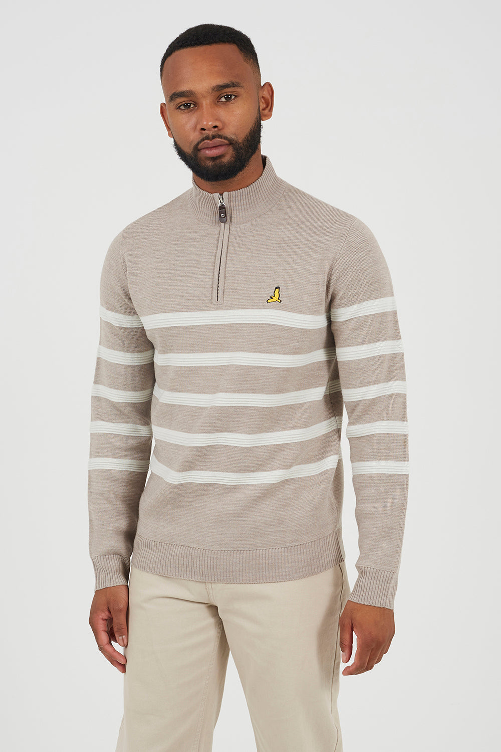 Brave Soul Taupe Quarter Zip Stripe Knitted Jumper - Taupe Image 1