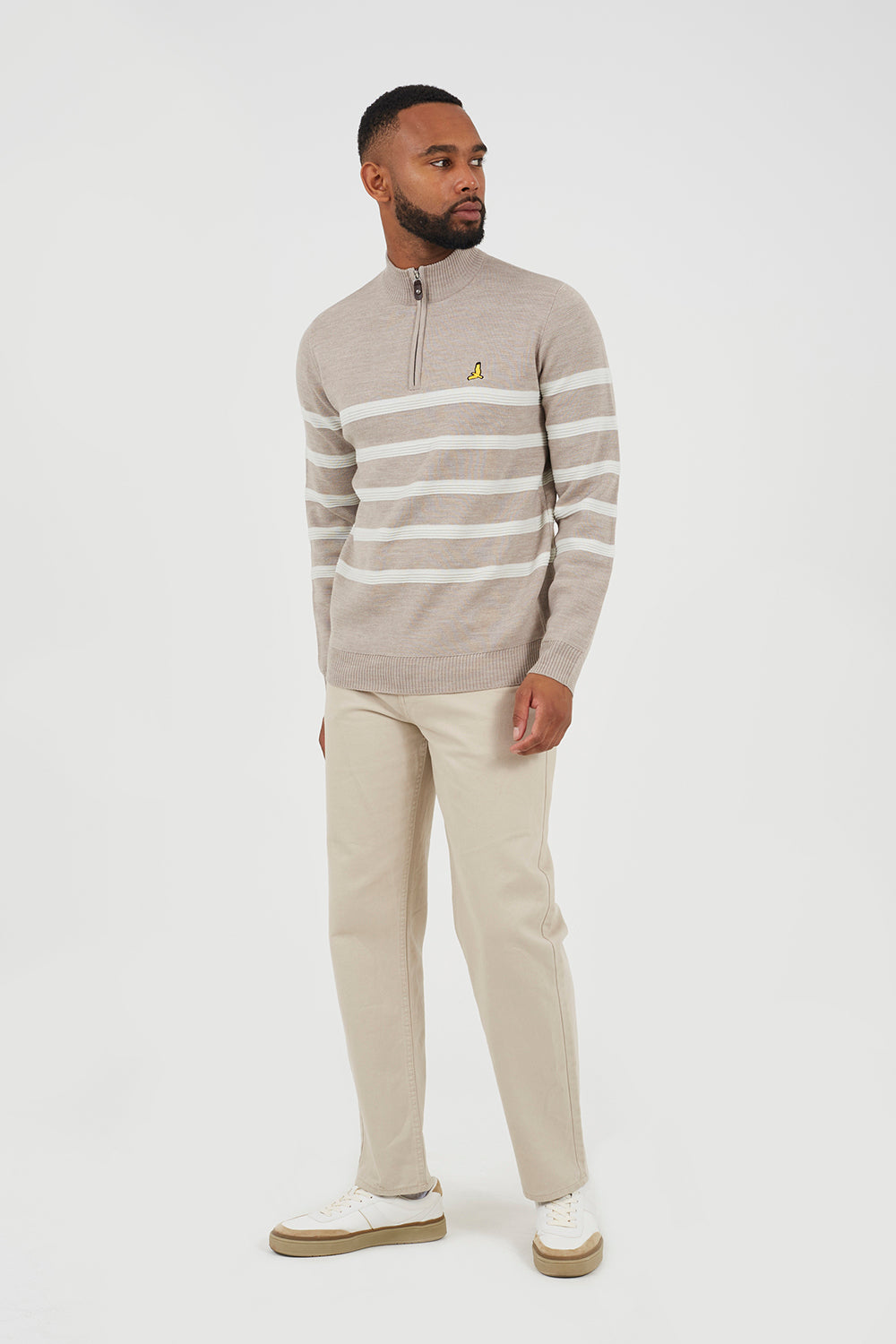 Brave Soul Taupe Quarter Zip Stripe Knitted Jumper - Taupe Image 3