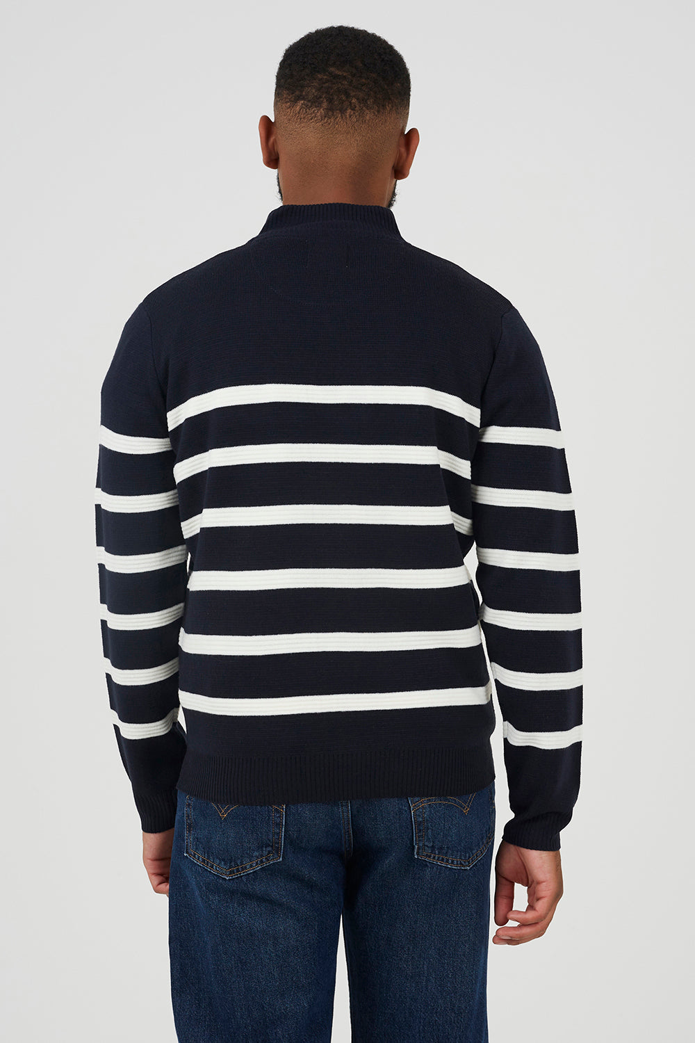 Brave Soul Navy Quarter Zip Stripe Knitted Jumper - Navy Image 2