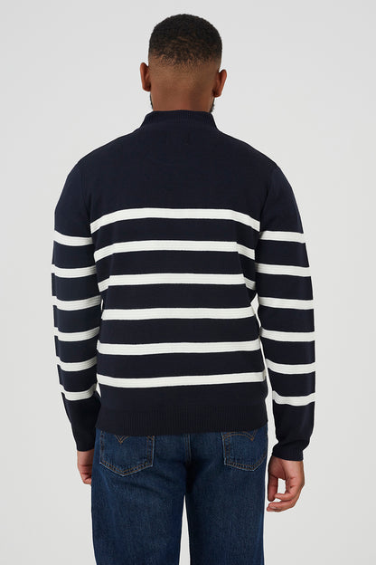 Brave Soul Navy Quarter Zip Stripe Knitted Jumper - Navy Image 2
