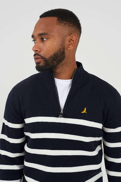 Brave Soul Navy Quarter Zip Stripe Knitted Jumper - Navy Image 4