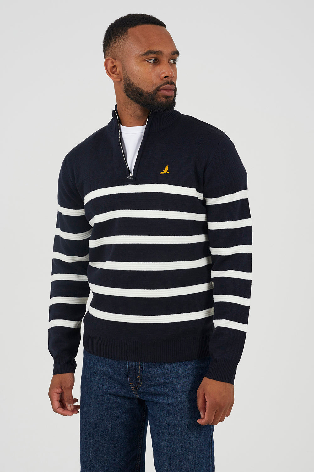 Brave Soul Navy Quarter Zip Stripe Knitted Jumper - Navy Image 1