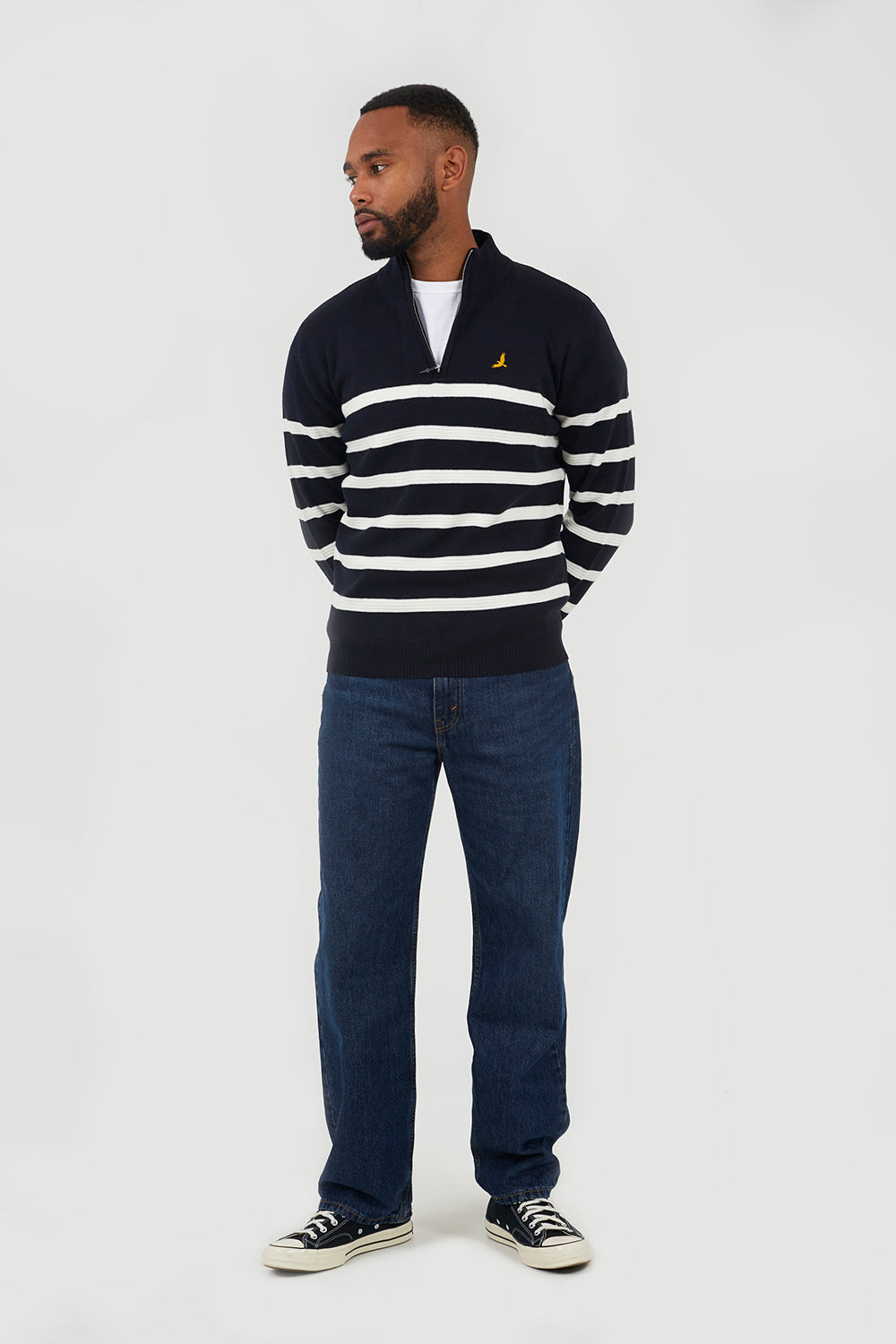 Brave Soul Navy Quarter Zip Stripe Knitted Jumper - Navy Image 3