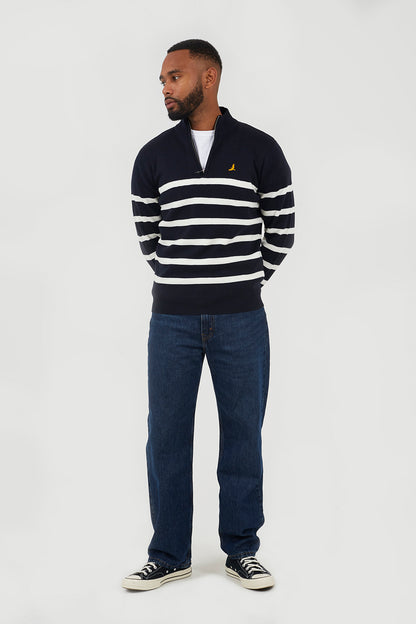 Brave Soul Navy Quarter Zip Stripe Knitted Jumper - Navy Image 3
