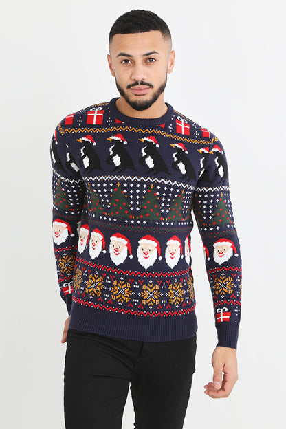 Brave Soul Dark Navy Crew Neck Fairisle Christmas Jumper - Dark Navy Image 1