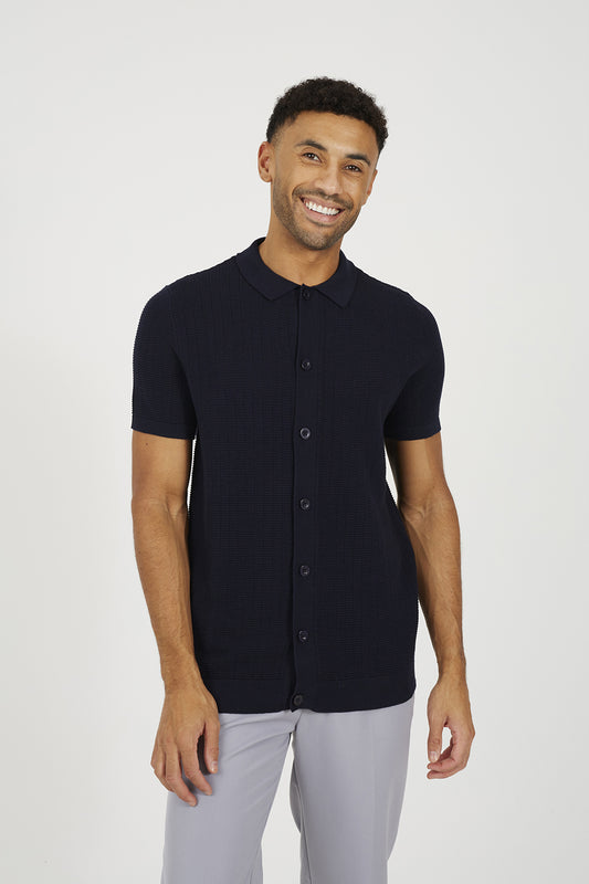 Brave Soul Navy Knitted Short Sleeve Shirt - Navy Image 1
