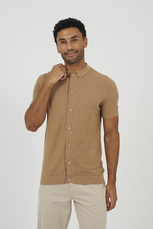 Brave Soul Tan Knitted Short Sleeve Shirt - Tan Image 1