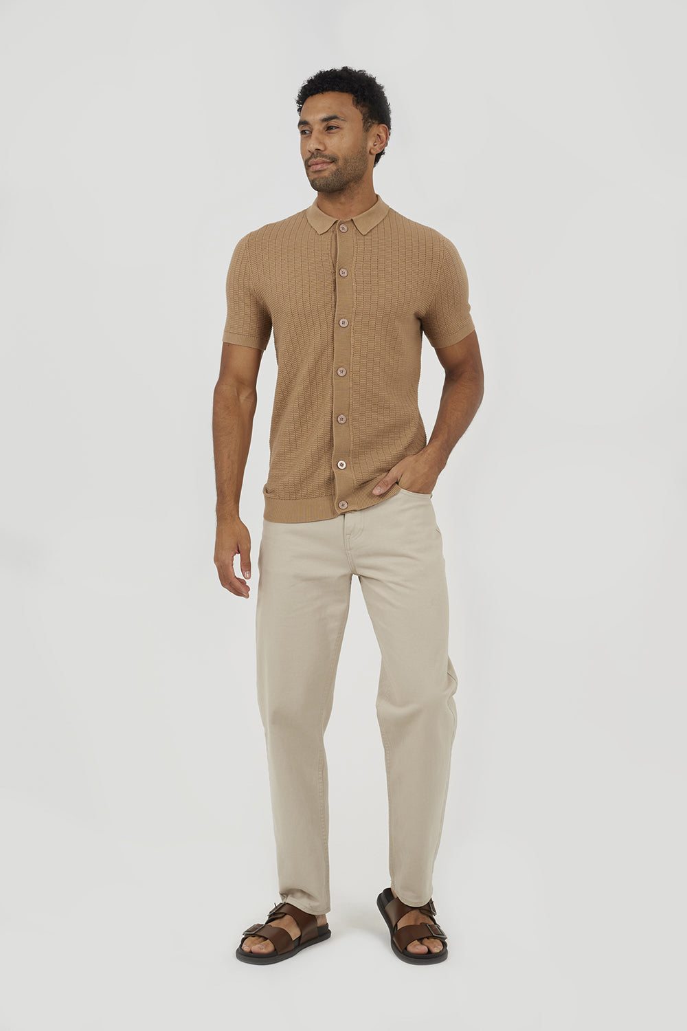 Brave Soul Tan Knitted Short Sleeve Shirt - Tan Image 3