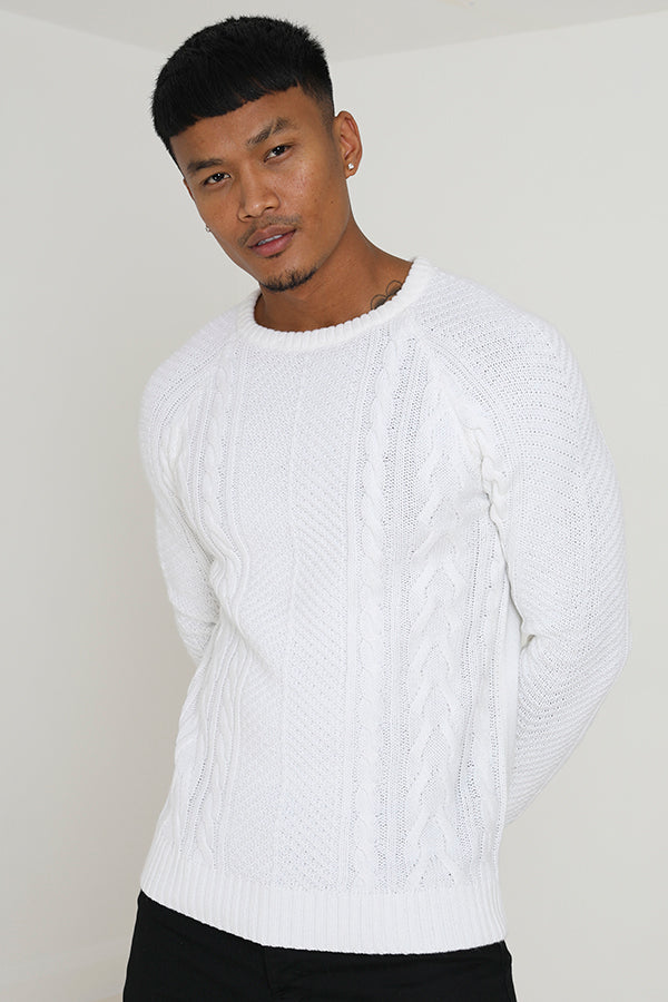 Brave Soul White Crew Neck Cable Knitted Jumper - White Image 1