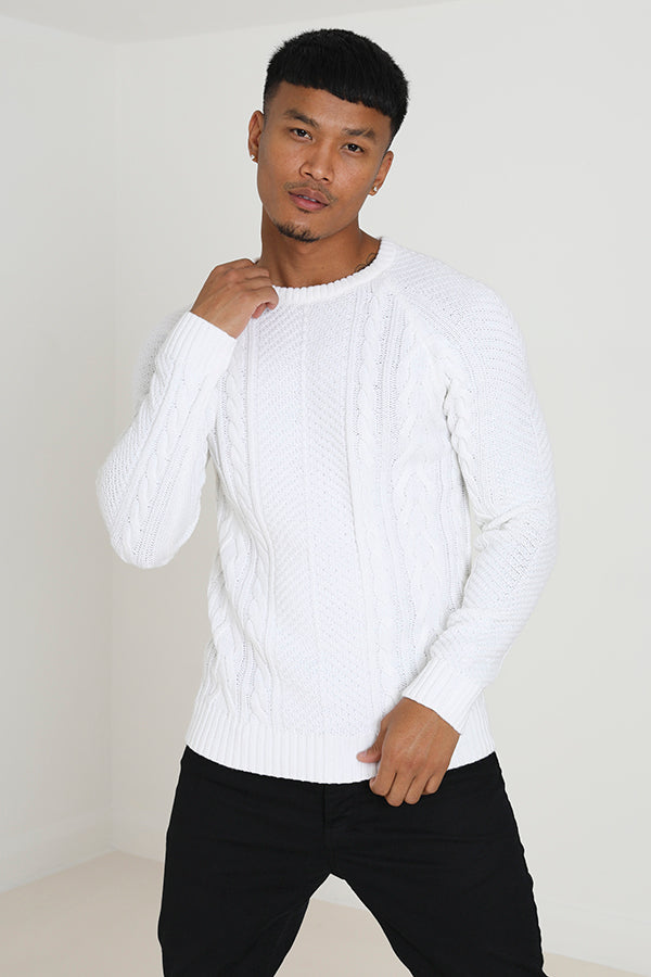 Brave Soul White Crew Neck Cable Knitted Jumper - White Image 3