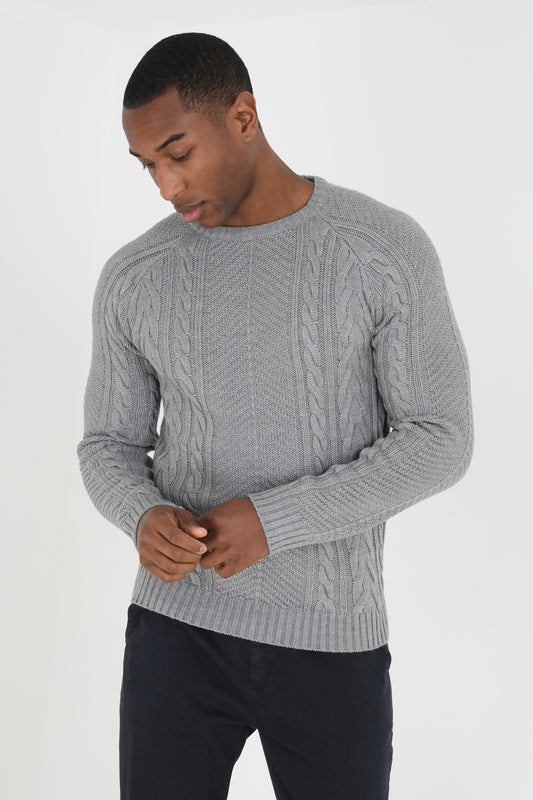 Brave Soul Grey Crew Neck Cable Knitted Jumper - Grey Image 1