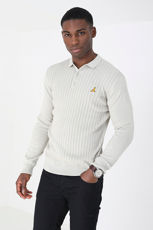 Brave Soul Ecru Long Sleeve Knitted Polo Shirt - Ecru Image 1