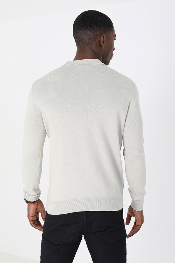 Brave Soul Ecru Long Sleeve Knitted Polo Shirt - Ecru Image 2