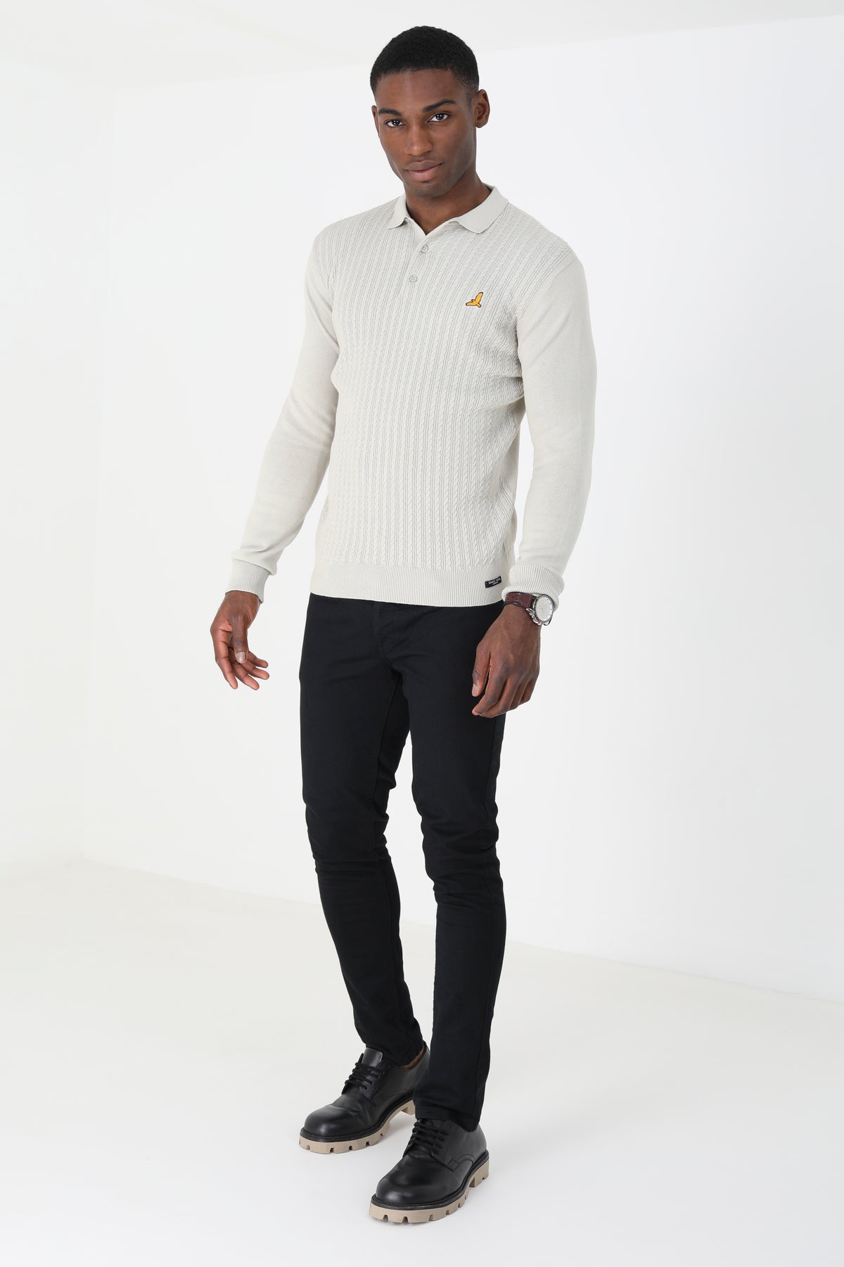 Brave Soul Ecru Long Sleeve Knitted Polo Shirt - Ecru Image 3