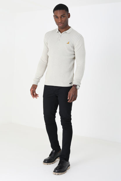 Brave Soul Ecru Long Sleeve Knitted Polo Shirt - Ecru Image 3