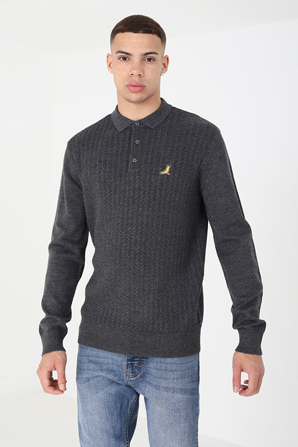 Brave Soul Charcoal Long Sleeve Knitted Polo Shirt - Charcoal Image 1