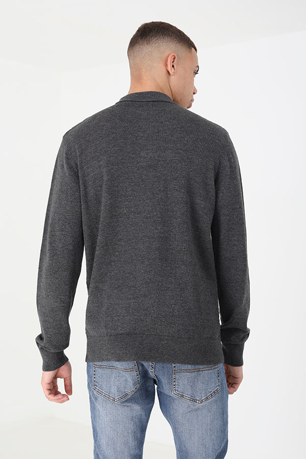 Brave Soul Charcoal Long Sleeve Knitted Polo Shirt - Charcoal Image 2