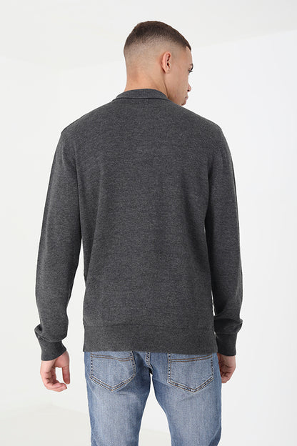 Brave Soul Charcoal Long Sleeve Knitted Polo Shirt - Charcoal Image 2