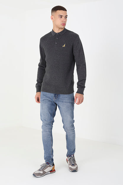 Brave Soul Charcoal Long Sleeve Knitted Polo Shirt - Charcoal Image 3
