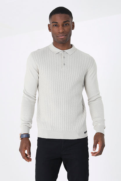 Brave Soul Ecru Long Sleeve Knitted Polo Shirt - Ecru Image 1