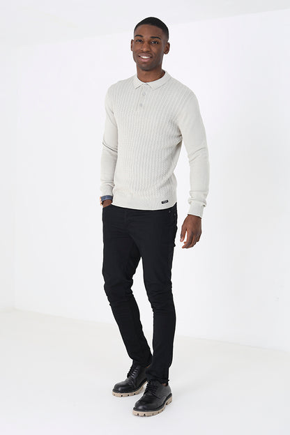 Brave Soul Ecru Long Sleeve Knitted Polo Shirt - Ecru Image 3