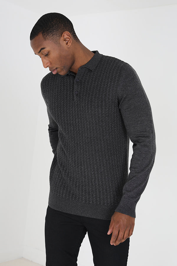 Brave Soul Charcoal Long Sleeve Knitted Polo Shirt - Charcoal Image 1