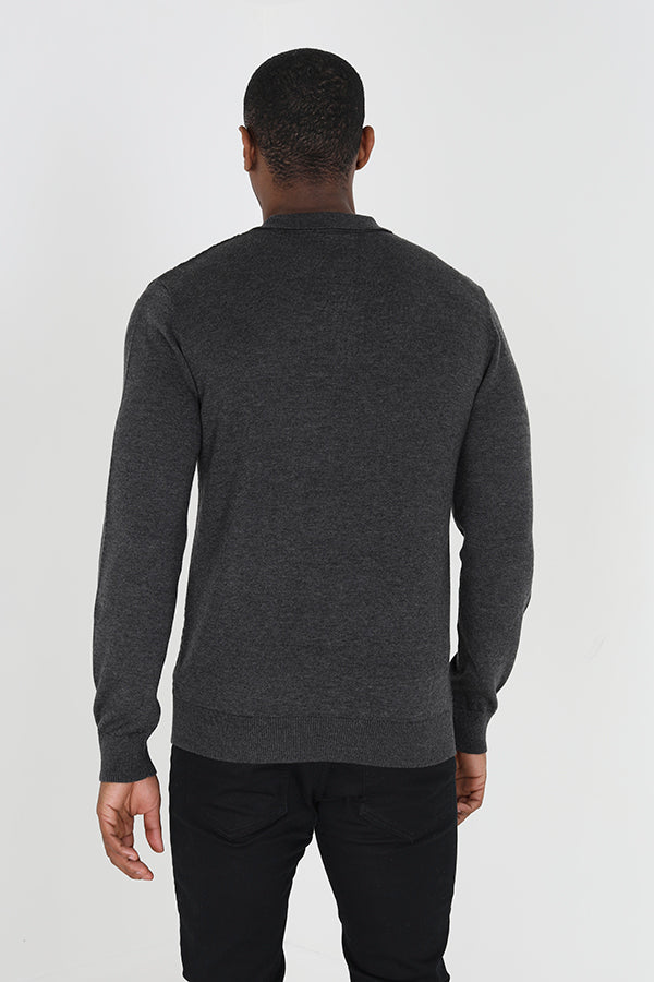 Brave Soul Charcoal Long Sleeve Knitted Polo Shirt - Charcoal Image 2